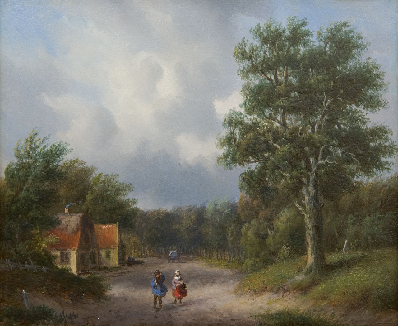 Ahrendts C.E.  | Carl Eduard Ahrendts | Paintings offered for sale | A wooded country road with landfolk, oil on panel 21.7 x 25.8 cm, signed l.r. remnants of signature