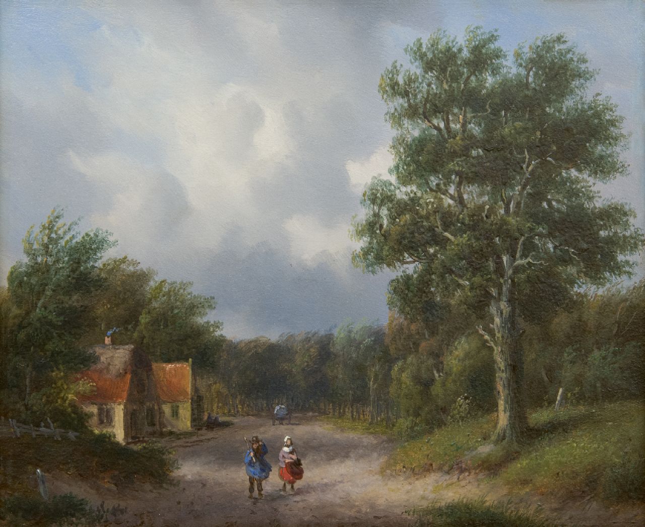 Carl Eduard Ahrendts | A wooded country road with landfolk, oil on panel, 21.7 x 25.8 cm