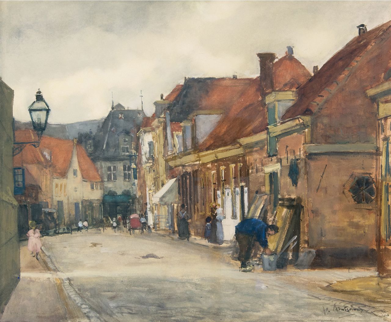 Arntzenius P.F.N.J.  | Pieter Florentius Nicolaas Jacobus 'Floris' Arntzenius | Watercolours and drawings offered for sale | A street in Hoorn with a view of the Kaaswaag, watercolour on paper 39.0 x 46.5 cm, signed l.r. and to be dated 18 August 1905