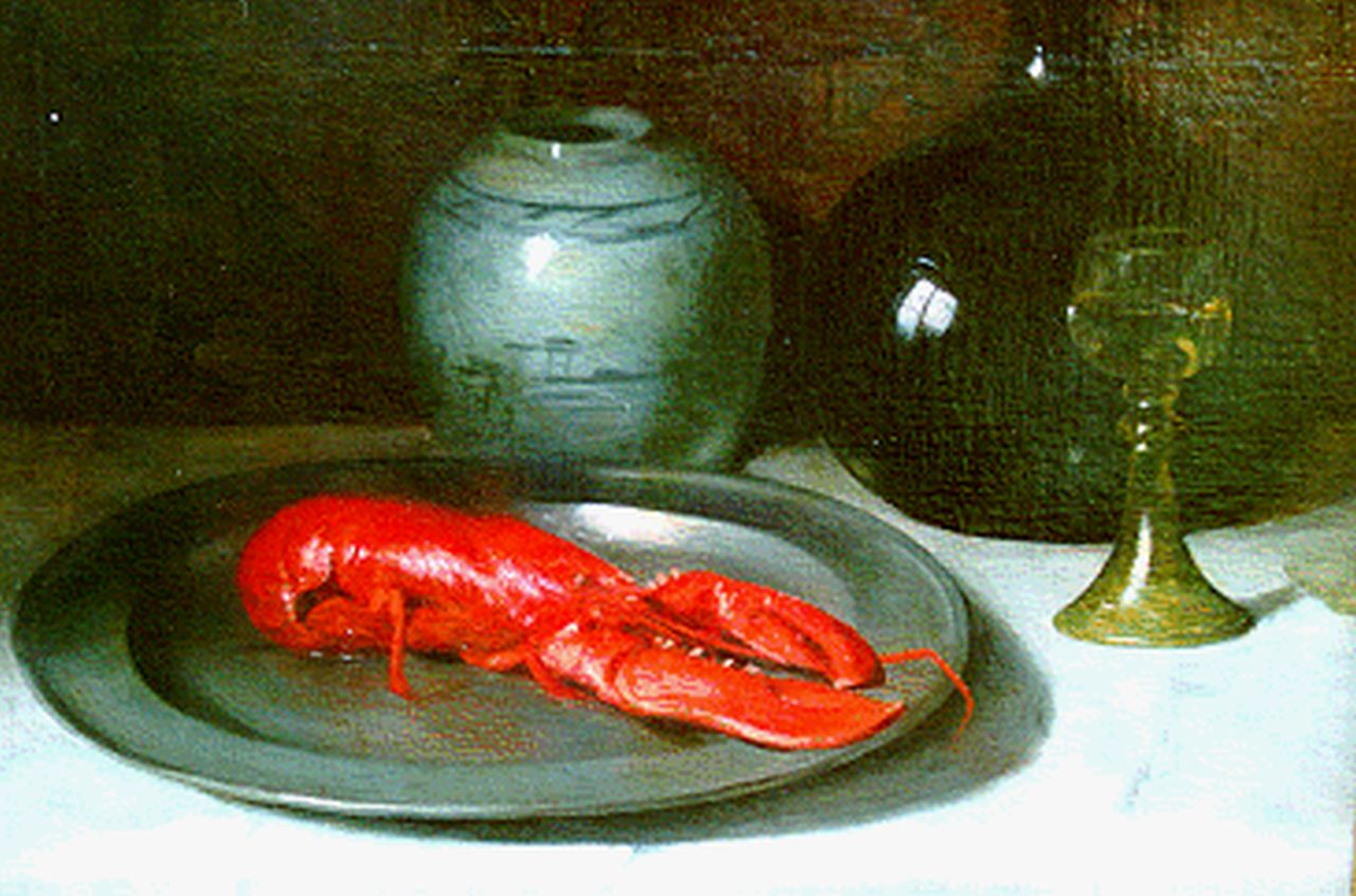Goudriaan J.M.A.  | 'Johanna' Margaretha Alida  Goudriaan, A still life with a lobster on a pewter dish, oil on canvas 43.0 x 60.2 cm