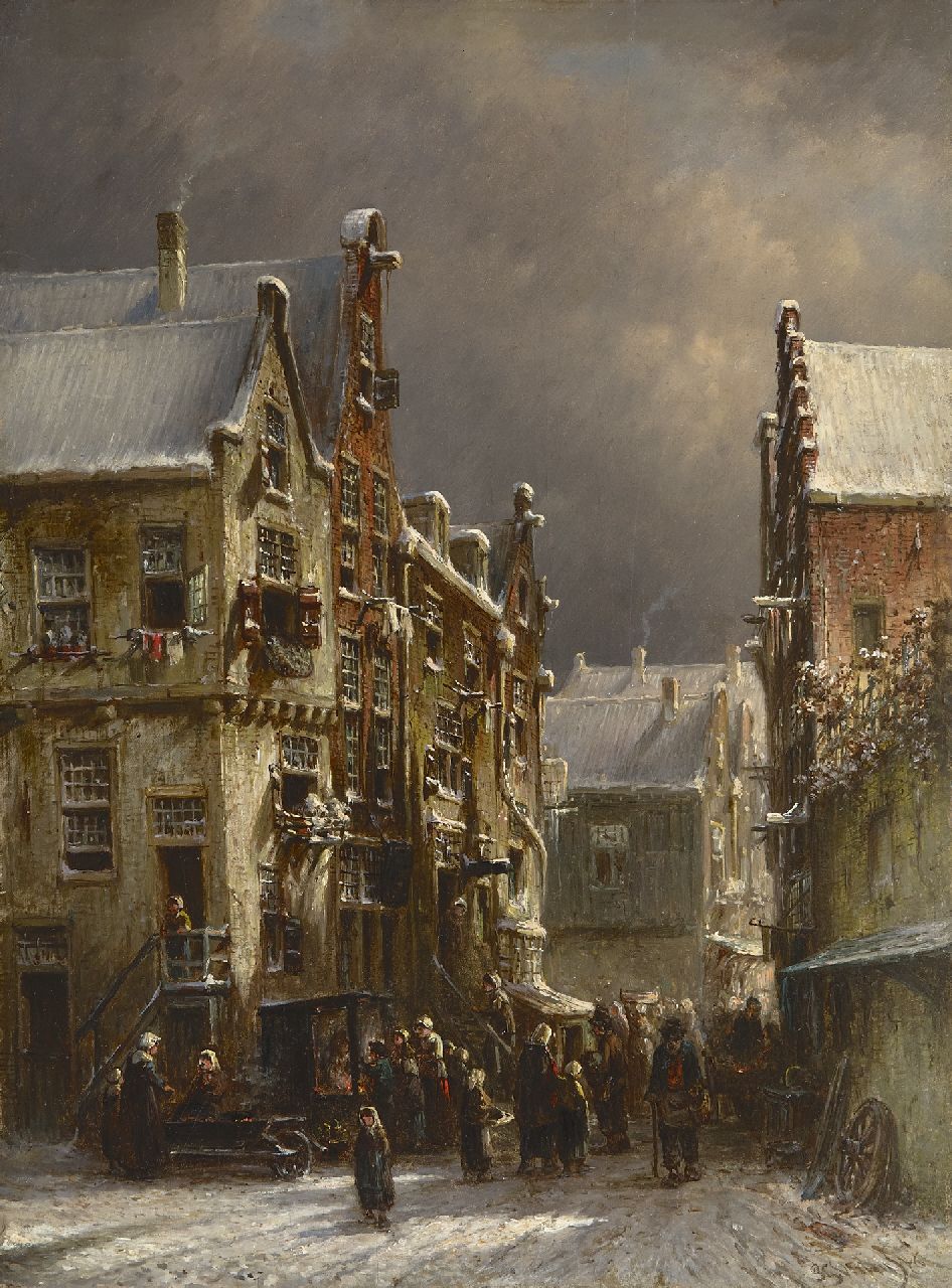 Vertin P.G.  | Petrus Gerardus Vertin, A busy street in winter, oil on panel 41.5 x 30.7 cm, signed l.r. and dated '76