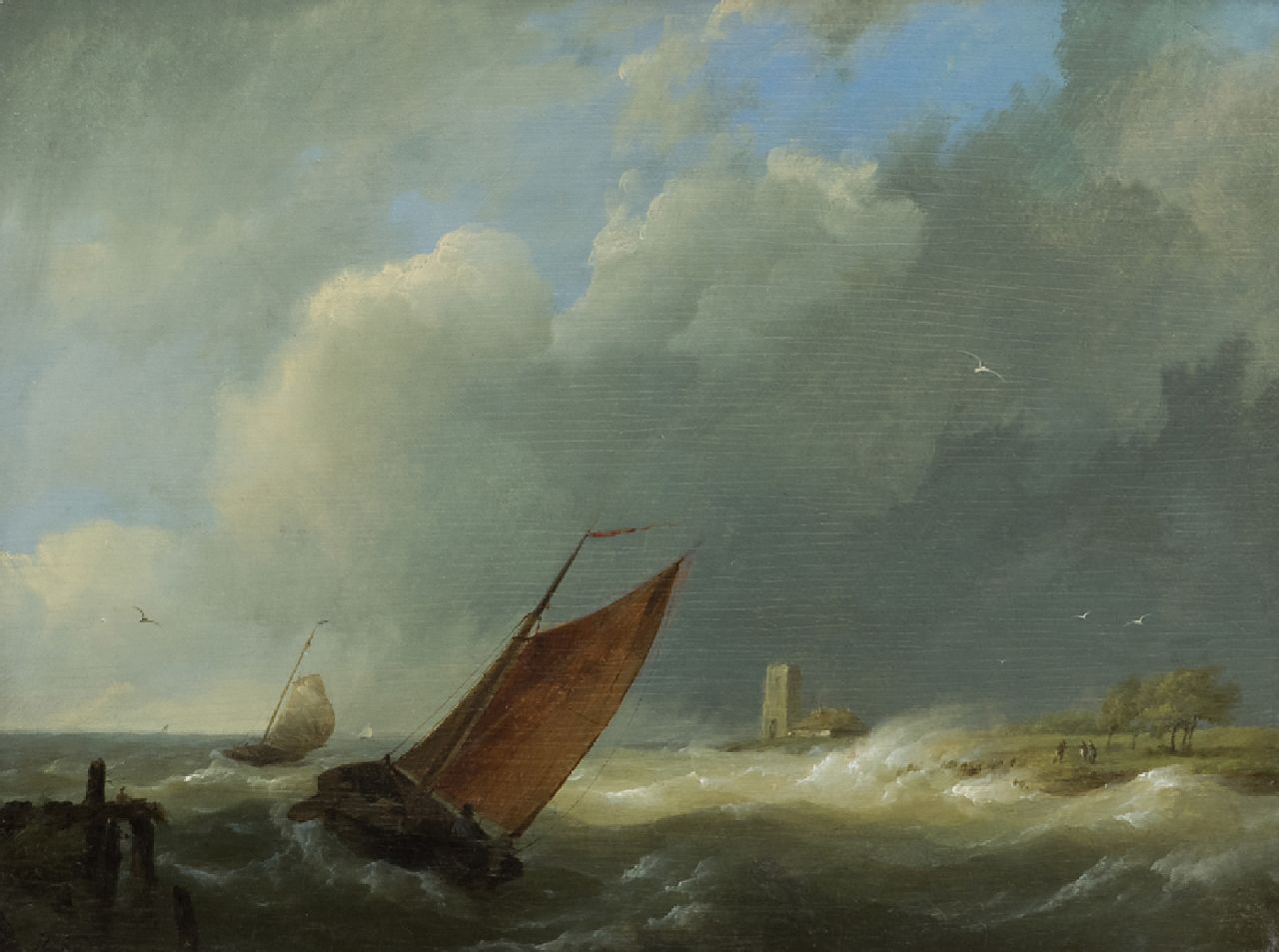 Koekkoek H.  | Hermanus Koekkoek | Paintings offered for sale | Sailing vessels in choppy coastal waters, oil on panel 18.7 x 24.8 cm, signed l.l. with initials