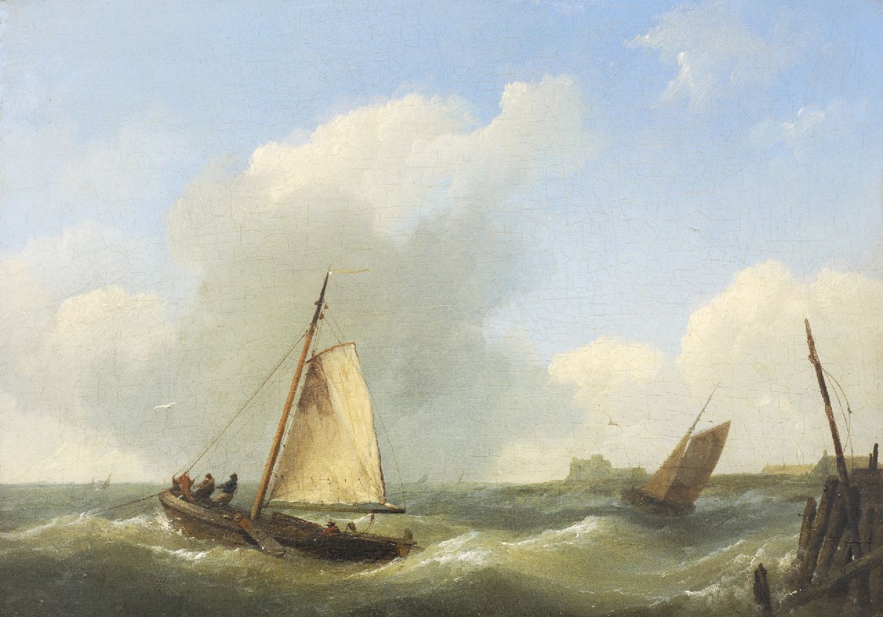 Koekkoek H.  | Hermanus Koekkoek, Fishing boats on a choppy sea near Vlissingen, oil on panel 17.0 x 23.5 cm, signed l.r. with initials