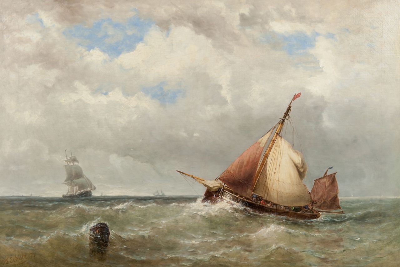 Schütz J.F.  | Jan Frederik Schütz, Fishnig boat at sea, oil on canvas 69.5 x 104.0 cm, signed l.l. and dated ' 71