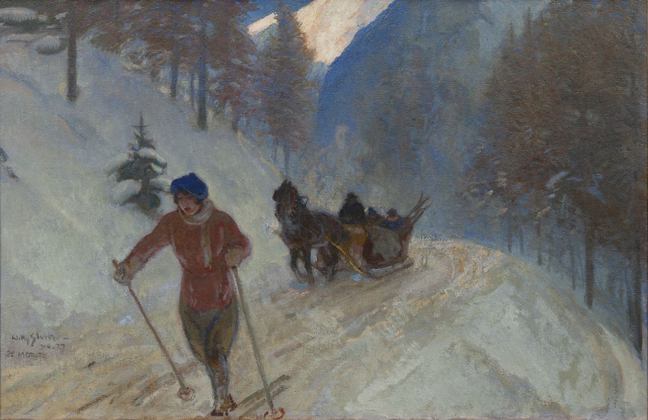 Sluiter J.W.  | Jan Willem 'Willy' Sluiter, Skier in St. Moritz, oil on canvas 65.0 x 100.1 cm, signed l.l. and dated 'St Moritz' Jan. 27