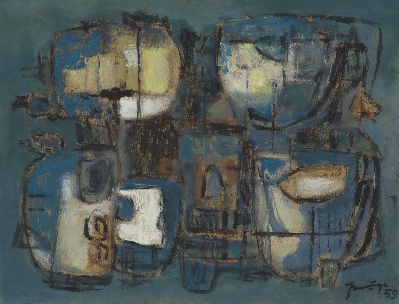 Nanninga J.  | Jacob 'Jaap' Nanninga, Composition, 1959, mixed media on paper 30.5 x 39.3 cm, signed l.r. and dated '59