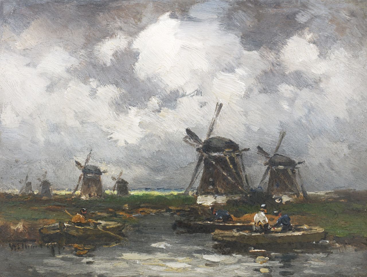 Rip W.C.  | 'Willem' Cornelis Rip, The windmills, oil on panel 15.9 x 21.3 cm, signed l.l.