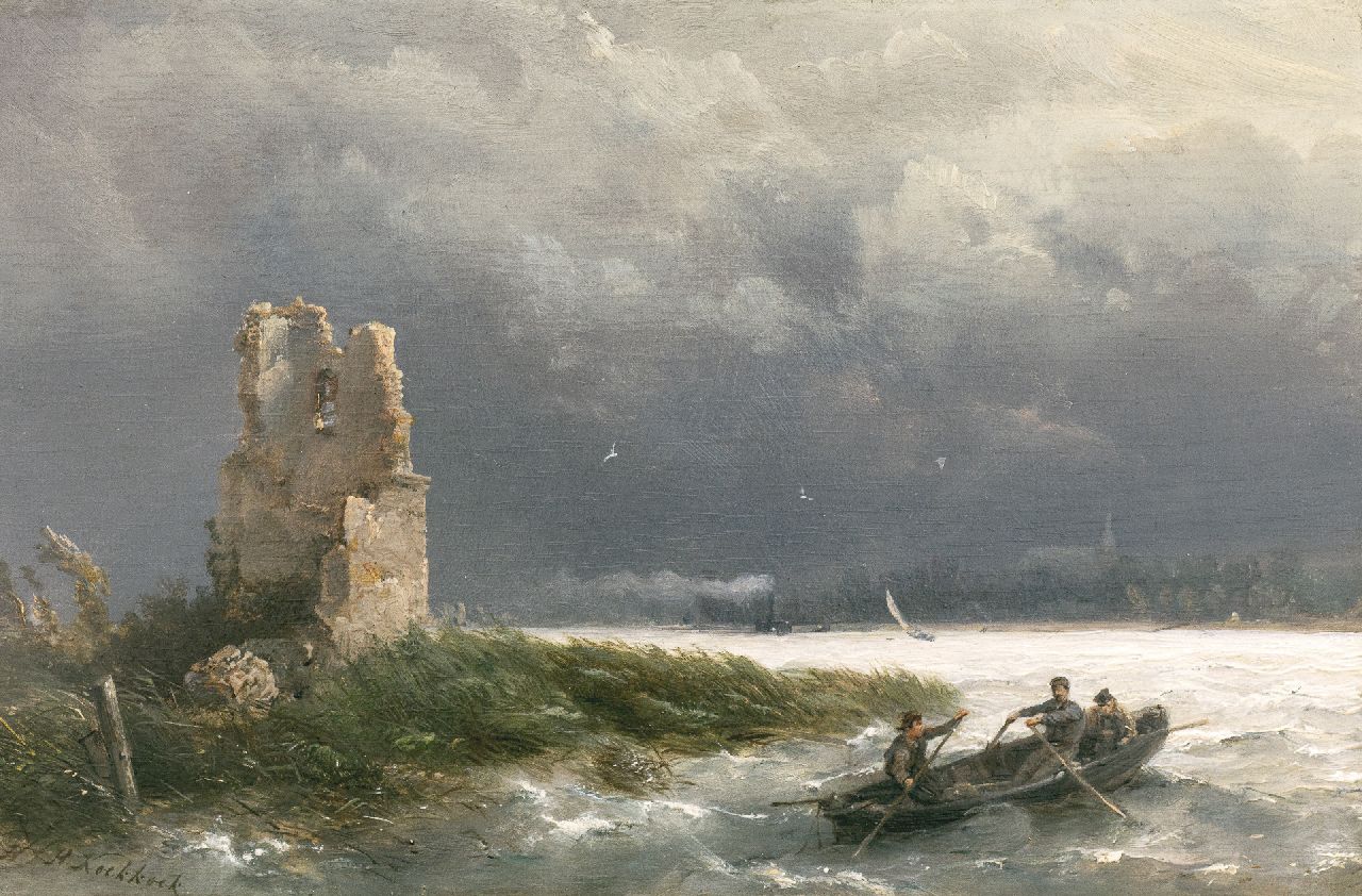 Koekkoek H.  | Hermanus Koekkoek, A rowing boat on a river by stormy weather, oil on panel 14.7 x 22.1 cm, signed l.l.