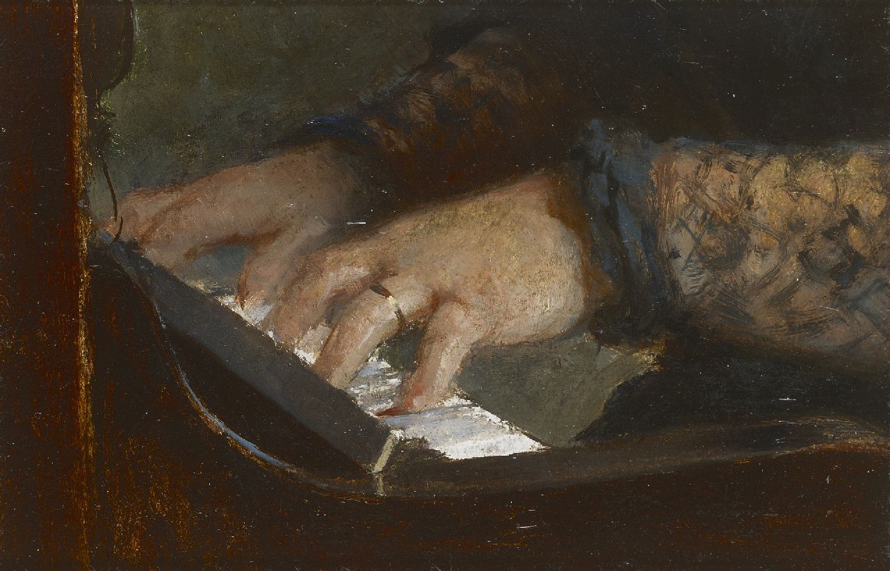 Lang A.  | Albert Lang, Marie Lang-Zampis while playing the piano, oil on board 14.1 x 21.1 cm