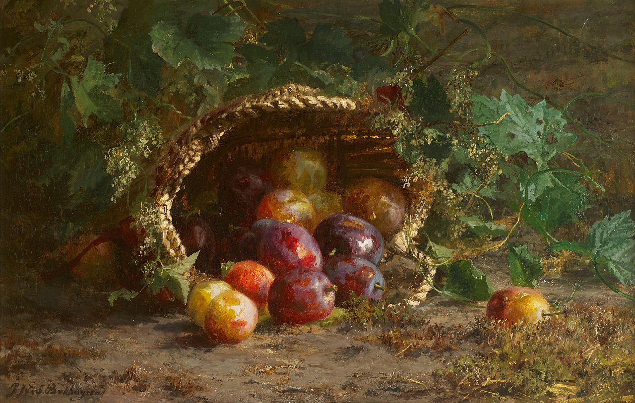 Sande Bakhuyzen G.J. van de | 'Gerardine' Jacoba van de Sande Bakhuyzen | Paintings offered for sale | Still life with prunes on a forest soil, oil on canvas 39.4 x 61.8 cm, signed l.l.