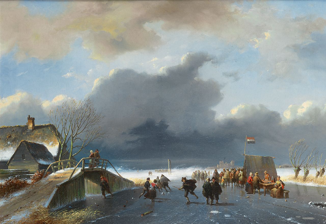 Nicolaas Johannes Roosenboom en Eugène Verboekhoven | A winter landscape with skaters near a koek-en-zopie (the figures are  by Eugène Verboeckhoven), oil on canvas, 48.0 x 68.0 cm