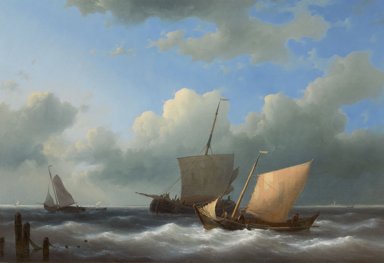 Hulk A.  | Abraham Hulk | Paintings offered for sale | Sailing boats entering a harbour, oil on panel 44.5 x 62.7 cm, signed l.r. and dated 1846