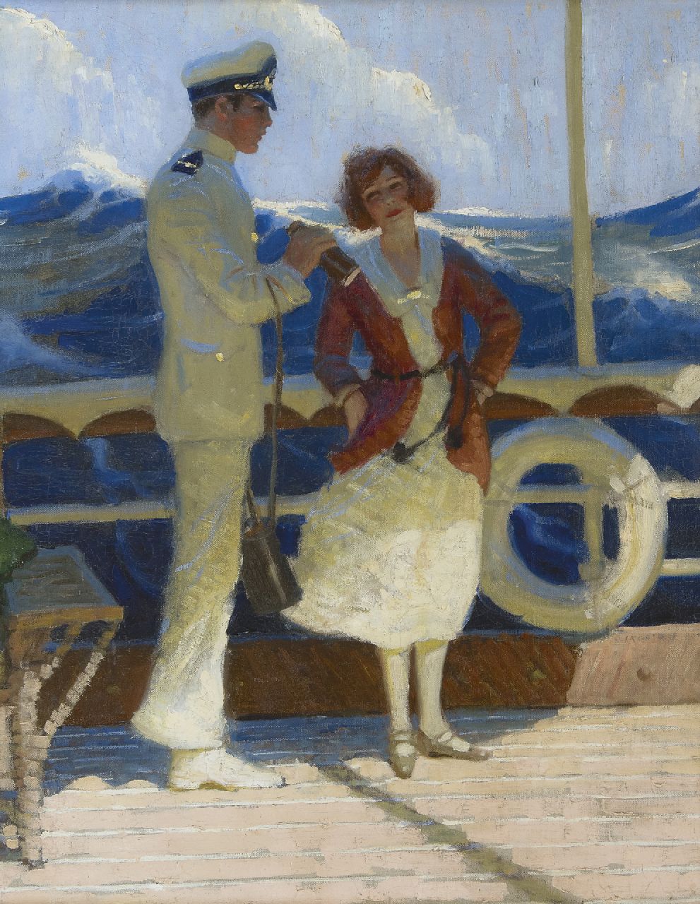 Sluiter J.W.  | Jan Willem 'Willy' Sluiter, Flirtation on the high seas, oil on canvas 63.6 x 50.9 cm, painted ca. 1923