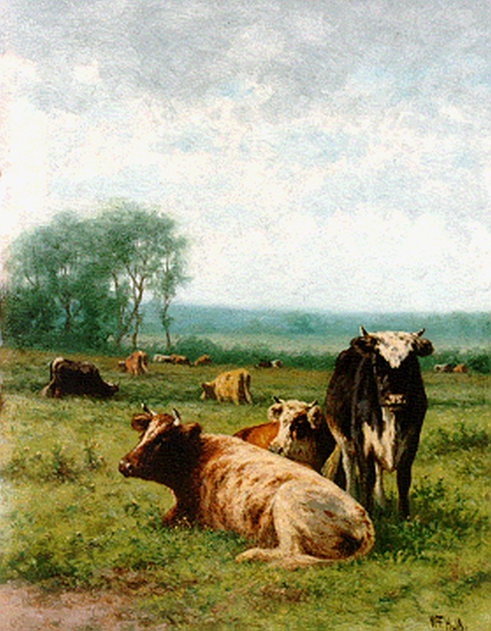 Hulk W.F.  | Willem Frederik Hulk, Cows in a meadow, oil on panel 30.5 x 23.2 cm, signed l.r.
