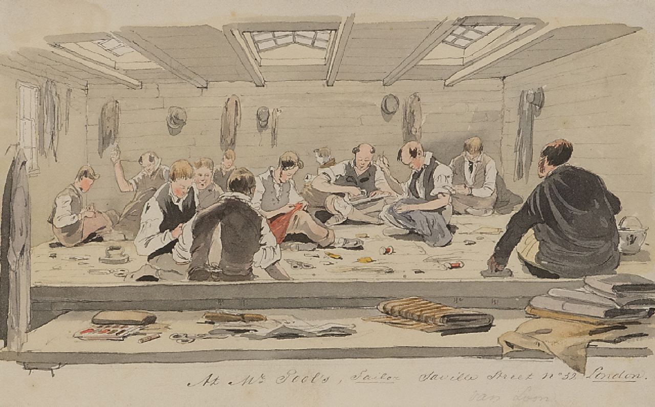 Loon P. van | Pieter van Loon | Watercolours and drawings offered for sale | At the tailor in Saville Street, London, watercolour on paper 12.1 x 19.2 cm, signed l.r.