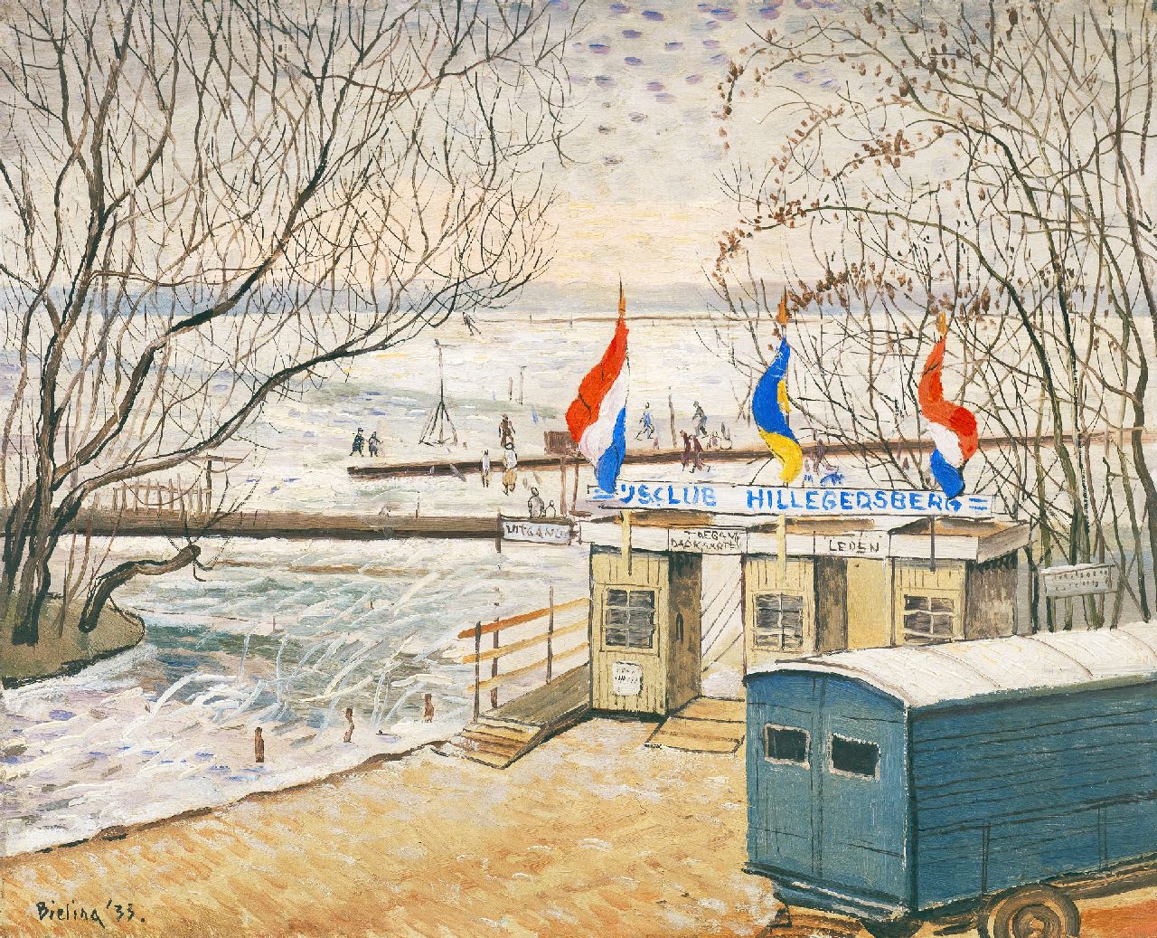 Bieling H.F.  | Hermann Friederich 'Herman' Bieling, The Ice club Hillegersberg near Rotterdam, oil on canvas 34.2 x 42.2 cm, signed l.l. and dated '33