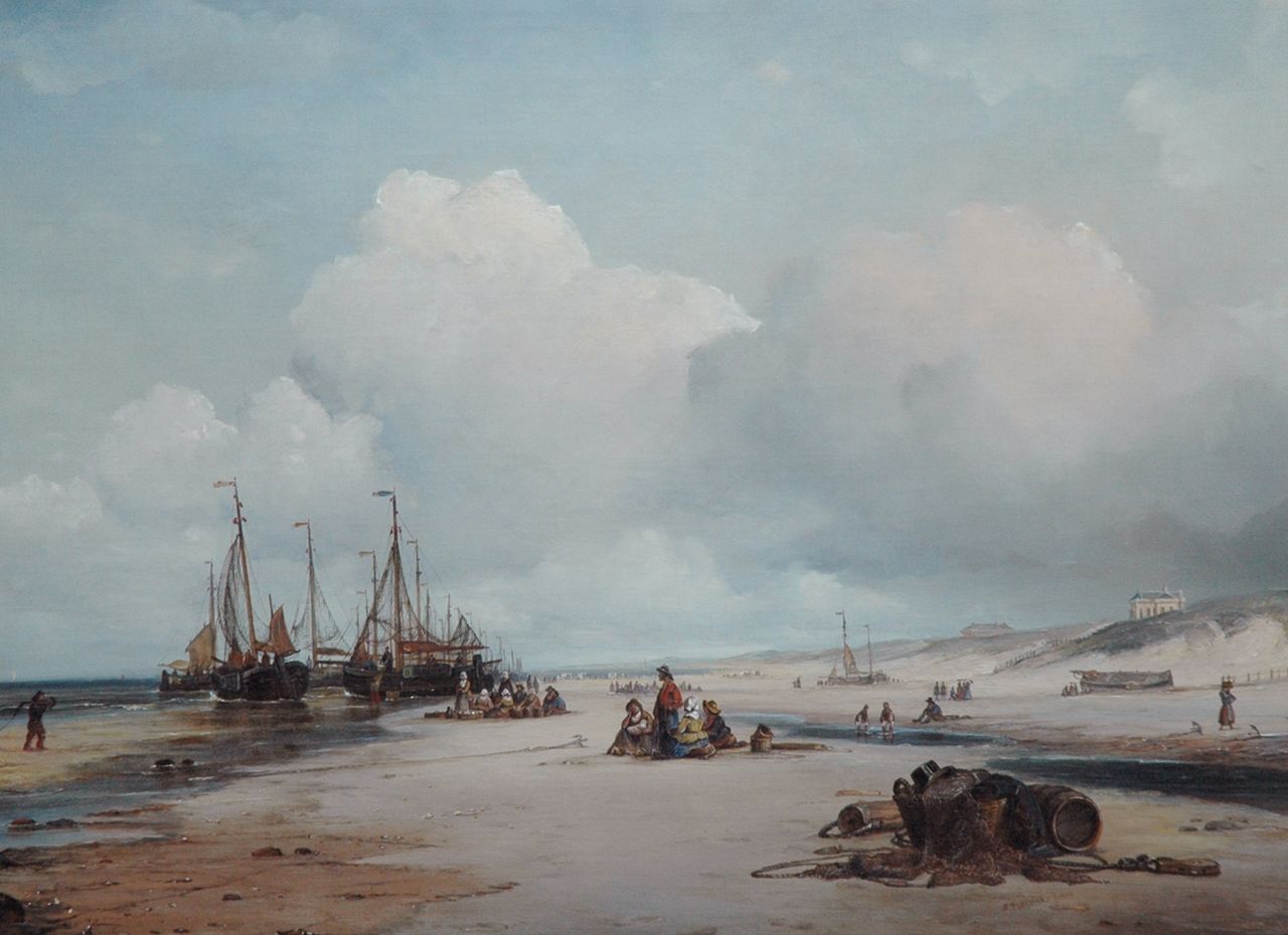 Pleijsier A.  | Ary Pleijsier, Unloading the catch, Scheveningen, oil on canvas 54.7 x 75.0 cm, signed l.r. and dated 1840