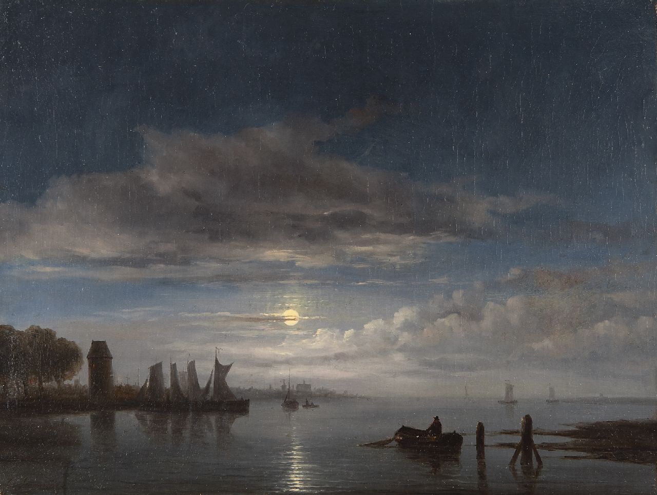 Immerzeel C.  | Christiaan Immerzeel, Moored sailing vessels by moonlight, oil on canvas 46.8 x 62.4 cm, signed l.l.
