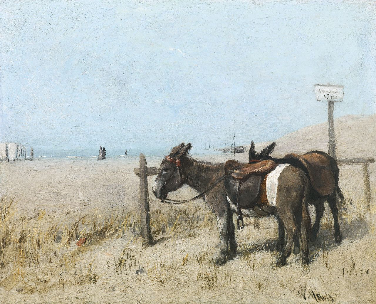 Maris W.  | Willem Maris, Donkeys on the beach, oil on panel 19.3 x 23.8 cm, signed l.r. and painted ca. 1866-1868