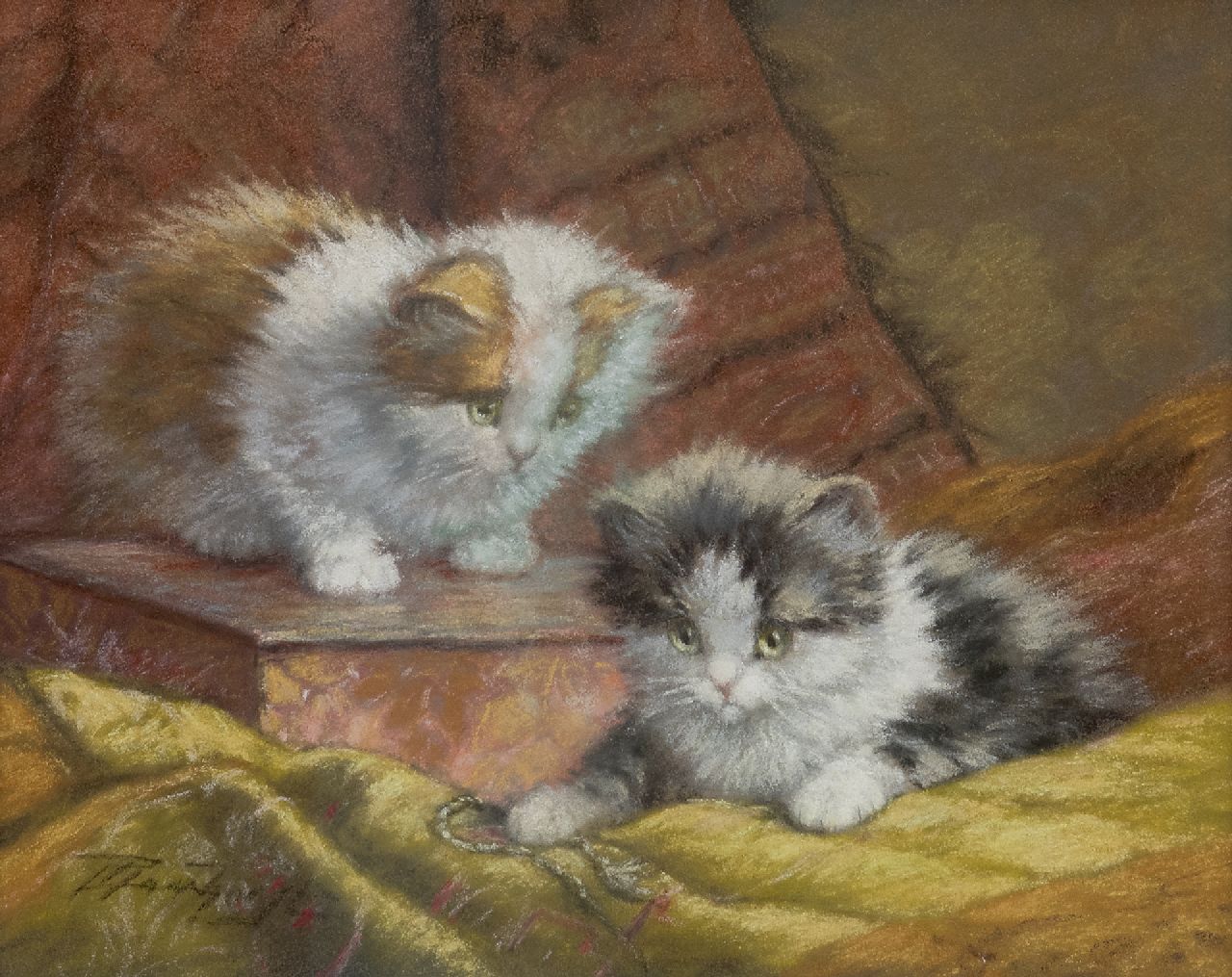Raaphorst C.  | Cornelis Raaphorst | Watercolours and drawings offered for sale | Two kittens on a cushion, pastel on paper 25.2 x 31.0 cm, signed l.l.