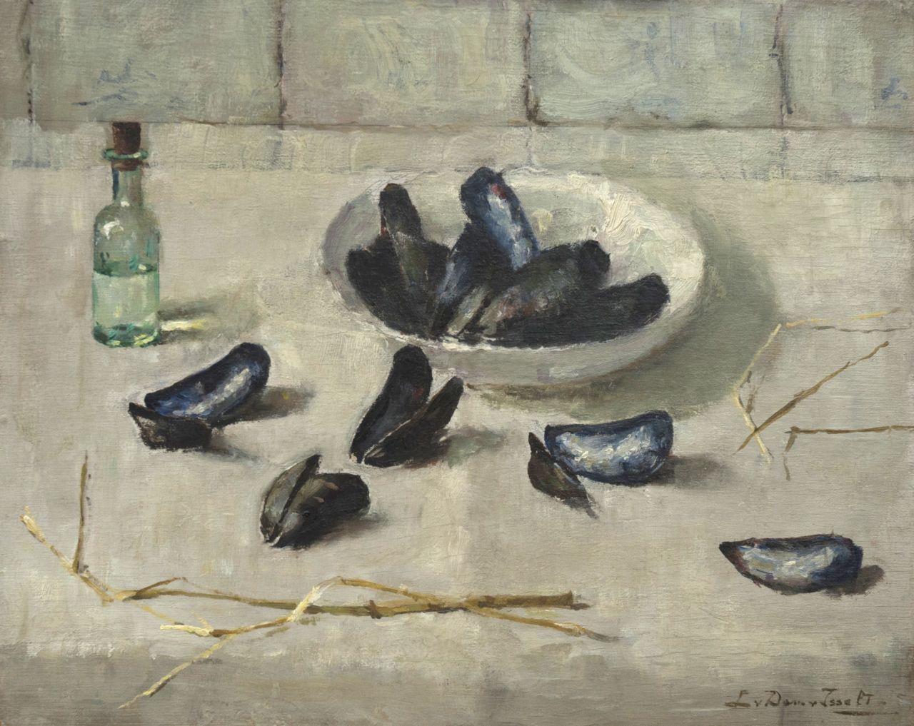 Dam van Isselt L. van | Lucie van Dam van Isselt, A still life with mussels, oil on panel 40.2 x 50.0 cm, signed l.r.