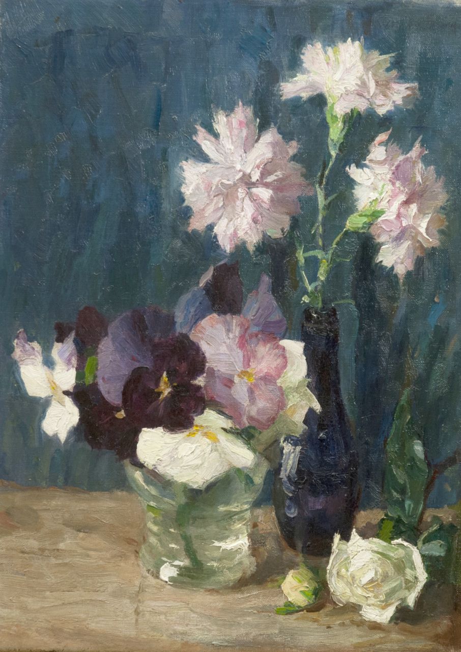 Vaarzon Morel W.F.A.I.  | Wilhelm Ferdinand Abraham Isaac 'Willem' Vaarzon Morel, A flower still life with carnations and violets, oil on canvas 36.4 x 28.5 cm, signed u.r.
