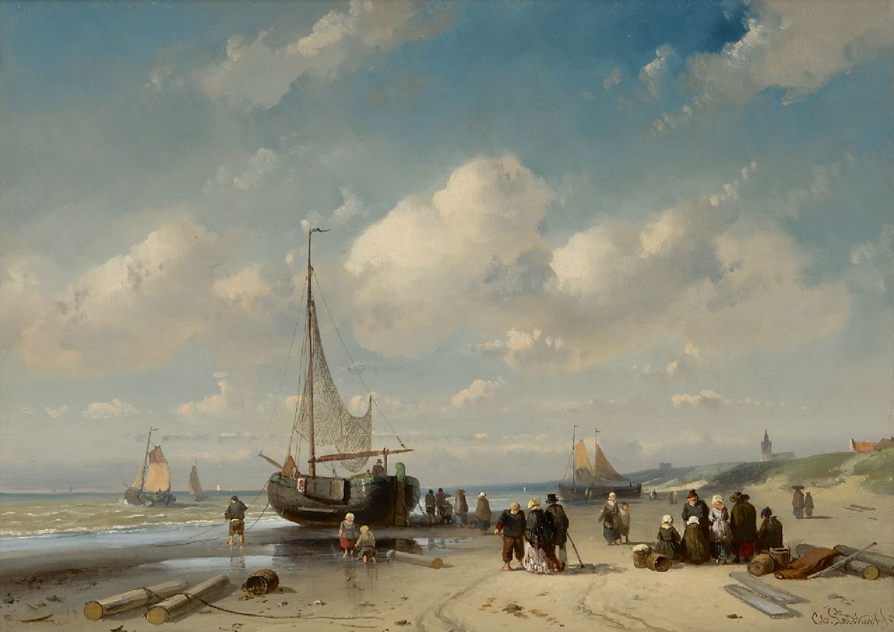 Leickert C.H.J.  | 'Charles' Henri Joseph Leickert | Paintings offered for sale | Fishermen and an elegant couple on the beach at Scheveningen, oil on panel 27.5 x 38.7 cm, signed l.r. in full and l.l. indistinctly and dated '57