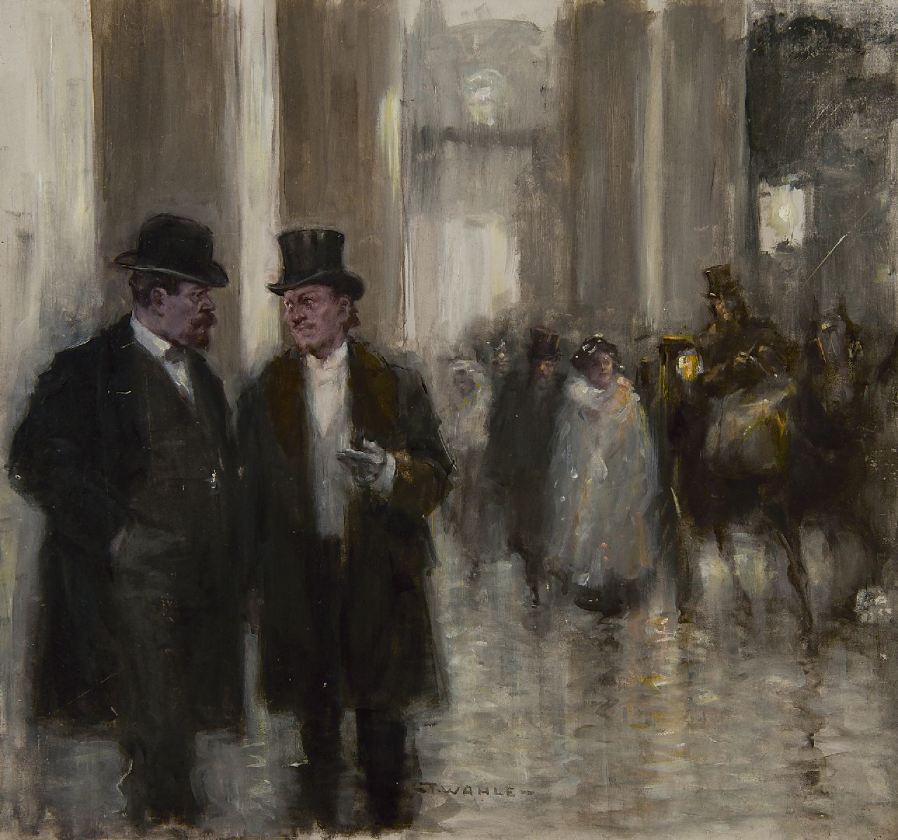 Wahle F.  | Friedrich 'Fritz' Wahle, Before the opera, oil on painter's board 39.5 x 42.7 cm, signed l.c.