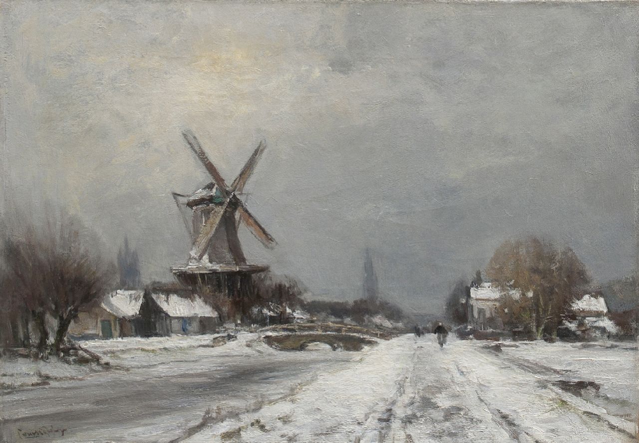 Apol L.F.H.  | Lodewijk Franciscus Hendrik 'Louis' Apol, A windmill in a winter landscape near Delft, oil on canvas 42.6 x 60.3 cm, signed l.l.