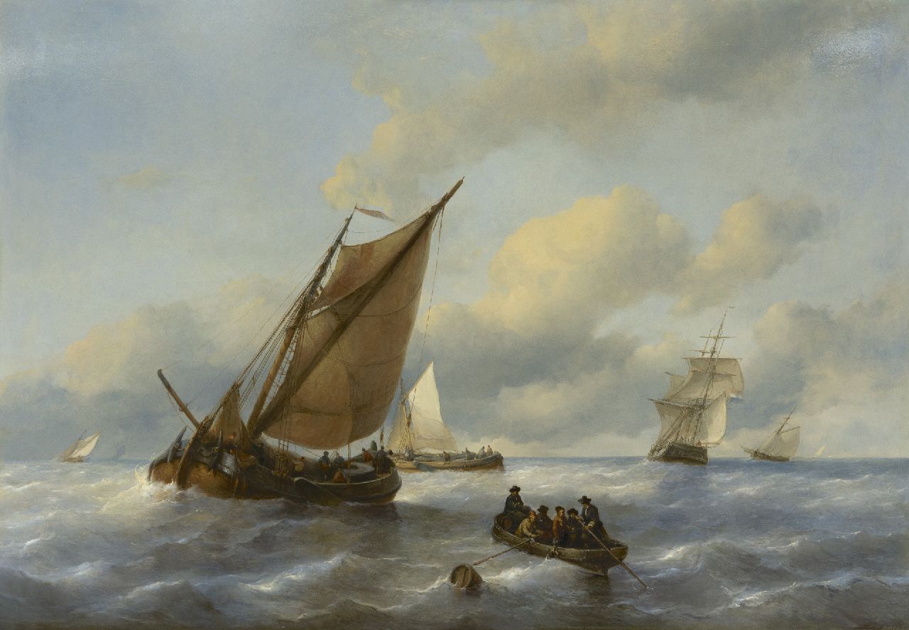 Waldorp A.  | Antonie Waldorp | Paintings offered for sale | Sailing vessels off the coast, oil on panel 82.4 x 117.0 cm, signed on the rowing boat