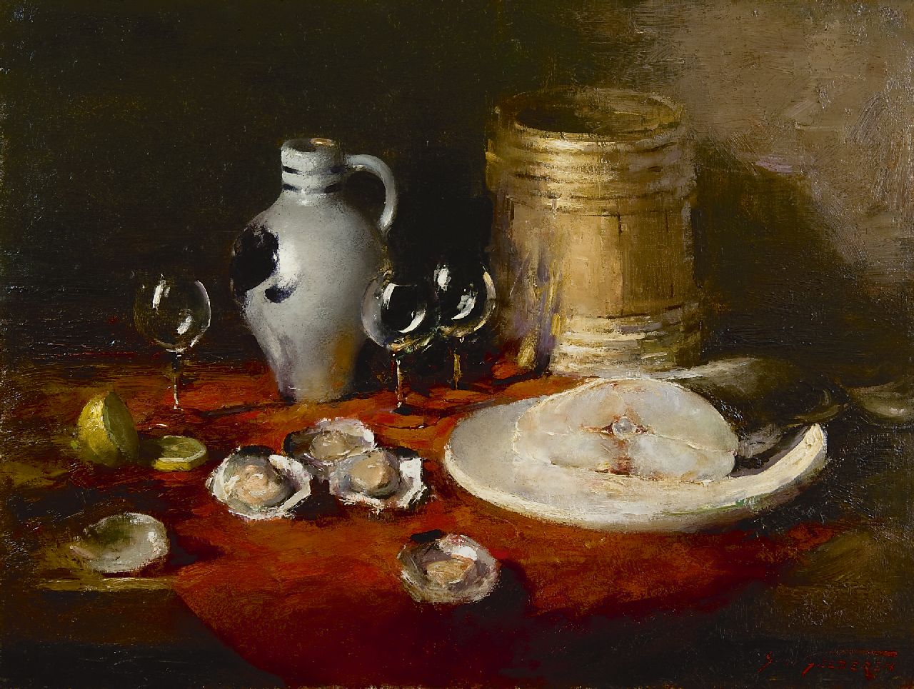 Gelderen S. van | Simon van Gelderen, Still life with oysters, jar and fish, oil on canvas 60.1 x 80.0 cm, signed l.r.