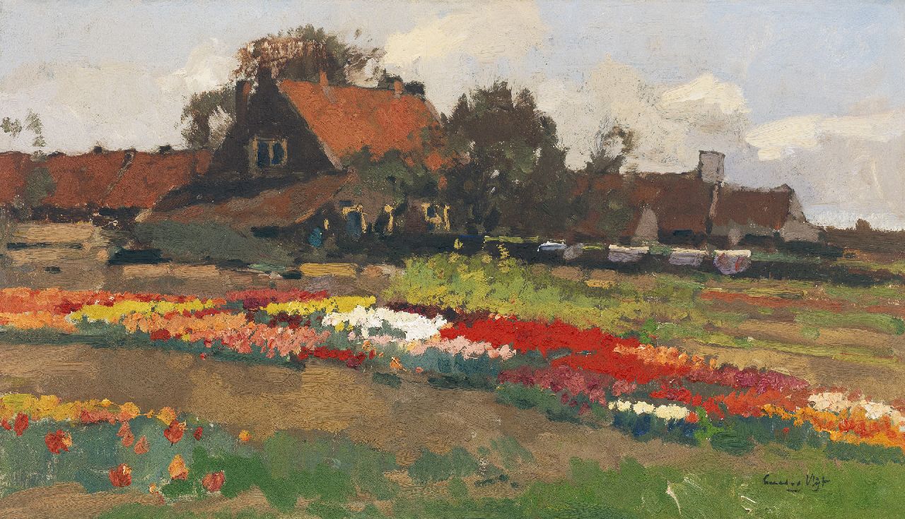 Vlist L. van der | Leendert van der Vlist, Farm with tulipfields, oil on canvas 36.1 x 60.9 cm, signed l.r.