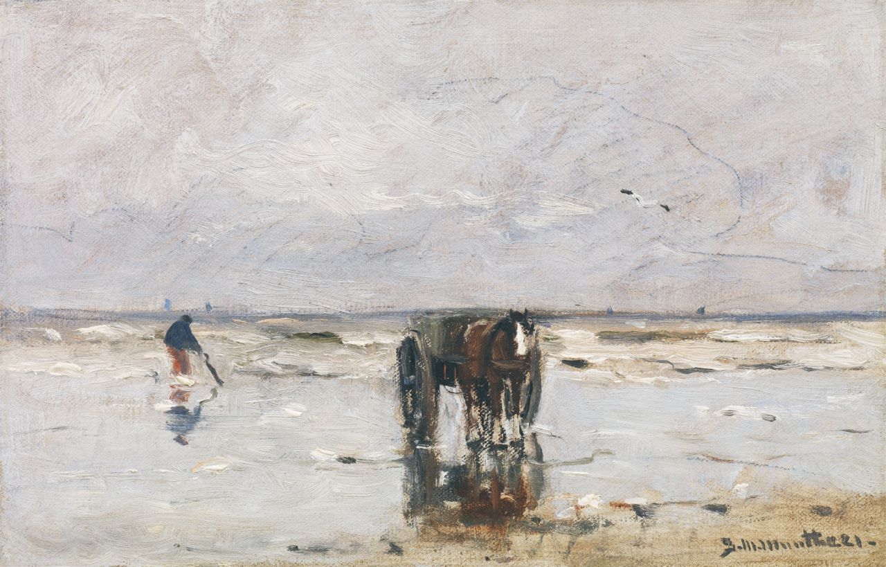 Munthe G.A.L.  | Gerhard Arij Ludwig 'Morgenstjerne' Munthe, A shell fisherman in the breakers, oil on canvas laid down on board 18.8 x 29.0 cm, signed l.r. and dated '21