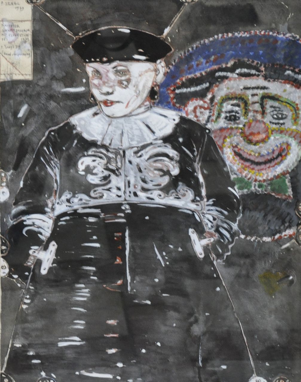 Peter Sengl | Fixierter Schwarzclown mit Clownstickerei, gouache on paper, 60.5 x 46.7 cm, signed u.l. and dated 1979