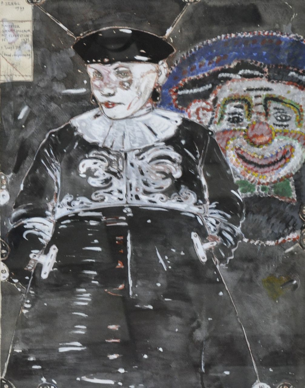 Sengl P.  | Peter Sengl, Fixierter Schwarzclown mit Clownstickerei, gouache on paper 60.5 x 46.7 cm, signed u.l. and dated 1979