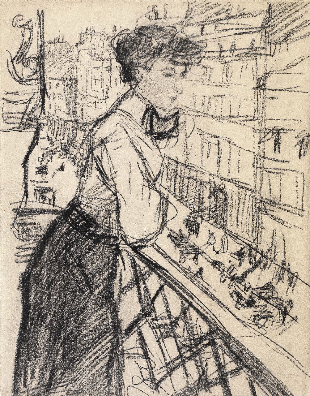 Israels I.L.  | 'Isaac' Lazarus Israels, Lady on an balcony, Paris, black chalk on paper 30.2 x 23.6 cm