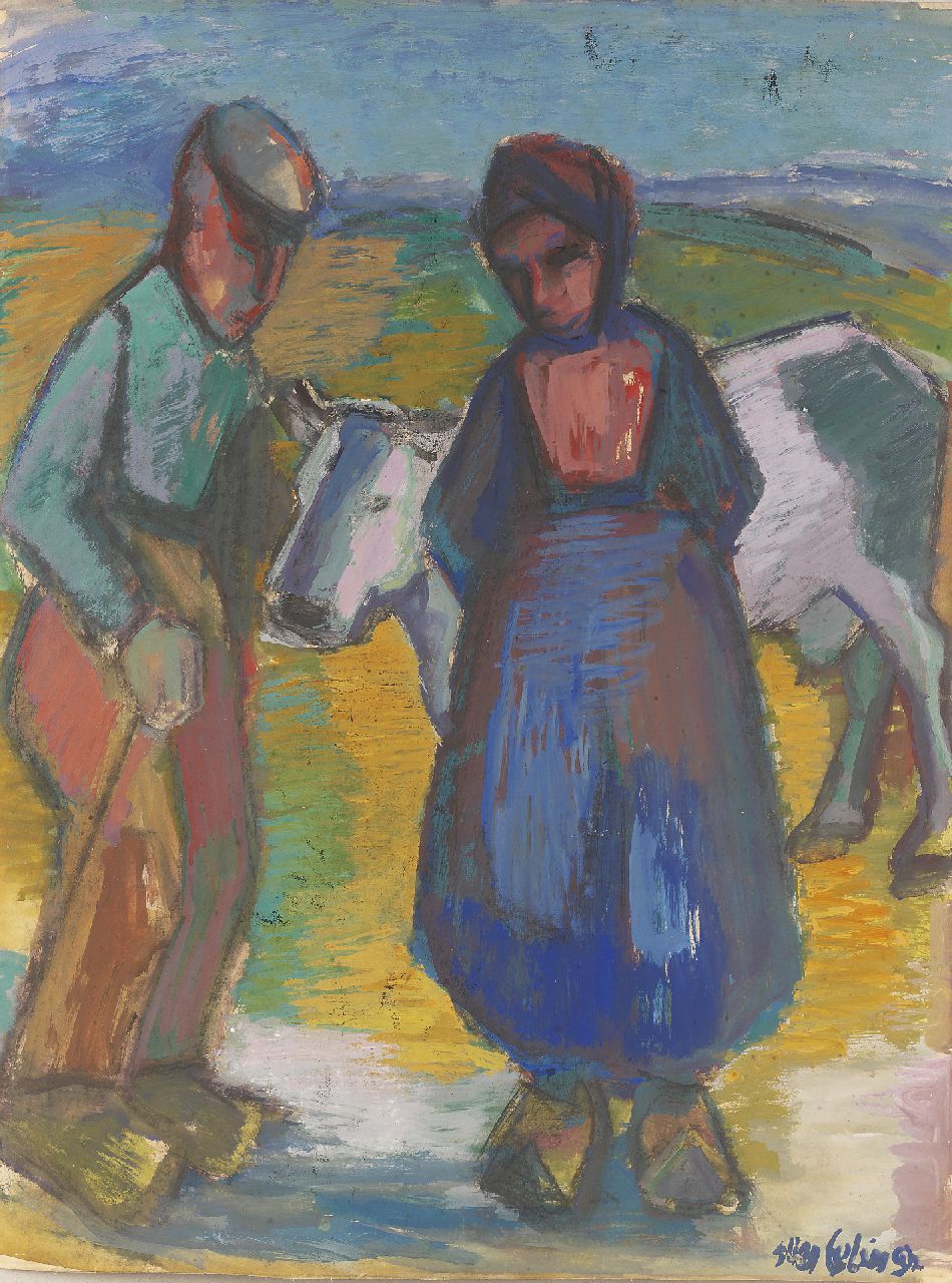 Eelsingh C.  | Christiana 'Stien' Eelsingh, A farmer's couple with a cow, gouache on paper 63.0 x 48.3 cm, signed l.r. and painted ca. 1950-1055
