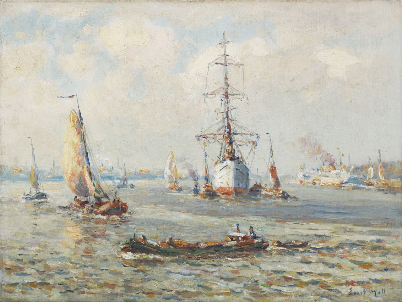 Moll E.  | Evert Moll, A three-master on the Nieuwe Maas near Rotterdam, oil on canvas 30.1 x 40.2 cm, signed l.r.