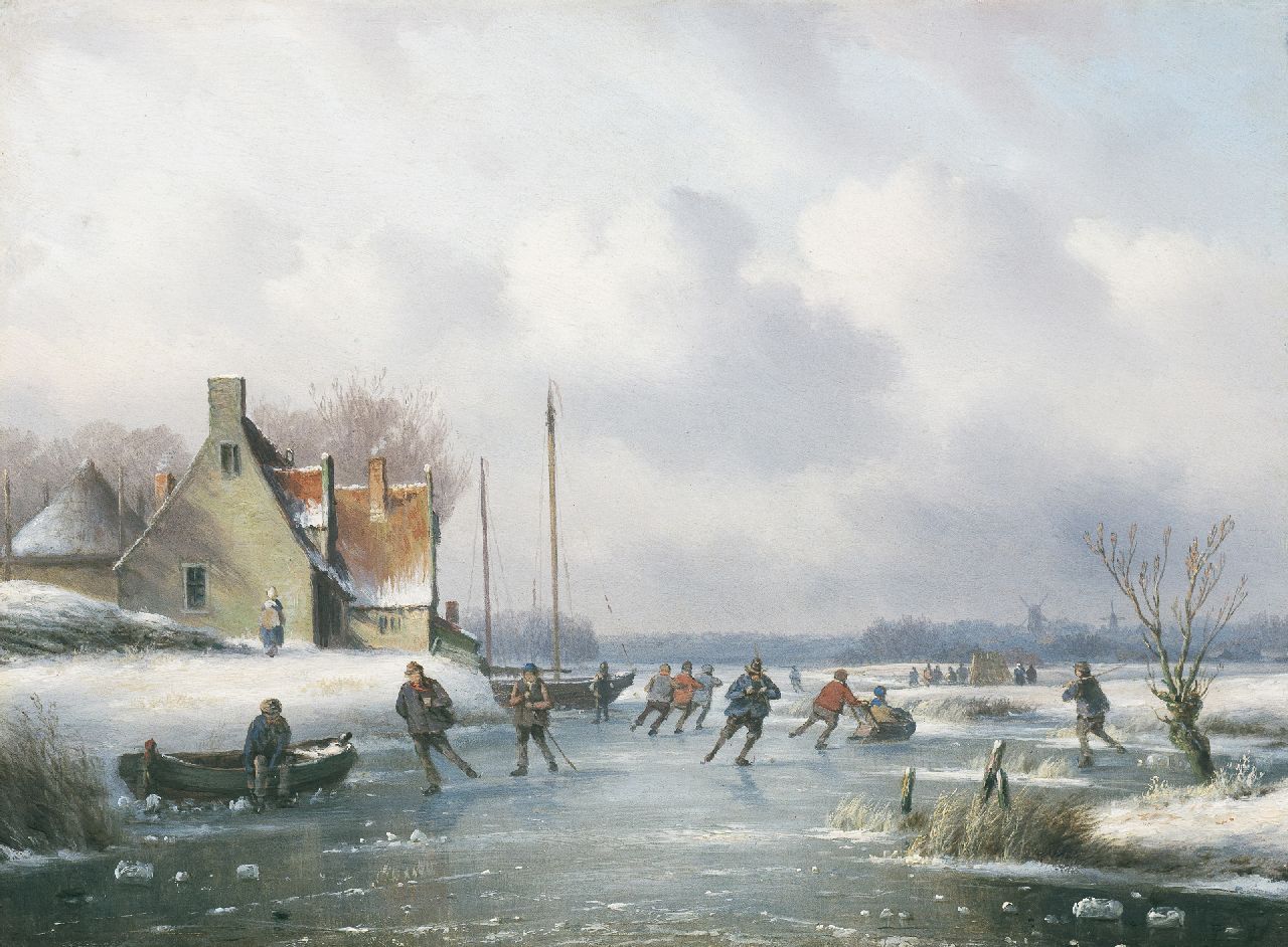 Ahrendts C.E.  | Carl Eduard Ahrendts, Winter landscape with skaters, oil on panel 26.4 x 36.3 cm