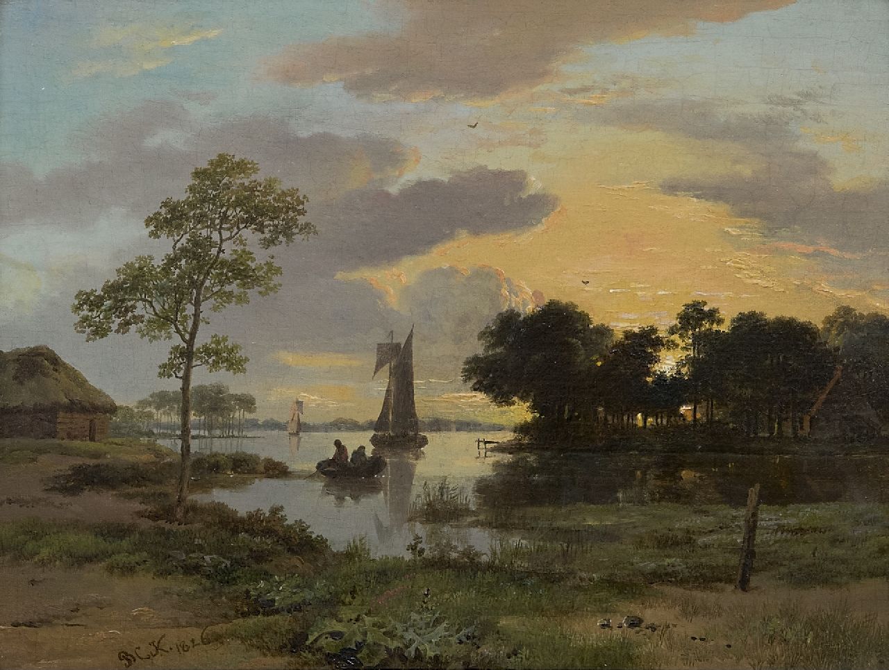 Koekkoek B.C.  | Barend Cornelis Koekkoek | Paintings offered for sale | A riverscape at sunset, oil on panel 17.4 x 23.3 cm, signed l.l. with initials and dated 1826
