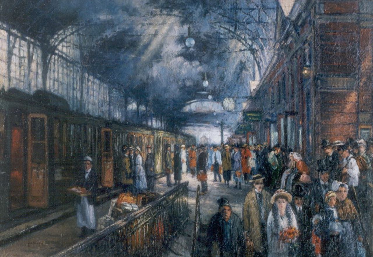 Faber du Faur H. von | Hans von Faber du Faur, Travellers on the platform of Hollands Spoor, The Hague, oil on canvas 34.4 x 48.5 cm, signed l.l.