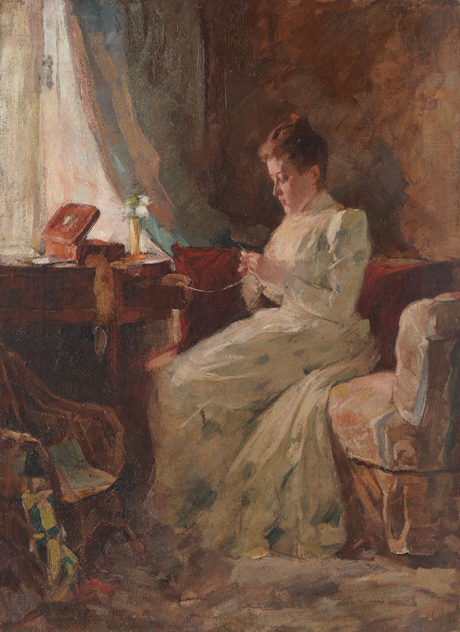 Gestel L.  | Leendert 'Leo' Gestel | Paintings offered for sale | Interior with Anna, de sister of  Leo Gestel, oil on canvas 77.7 x 55.8 cm, signed l.r. with initials and witout frame