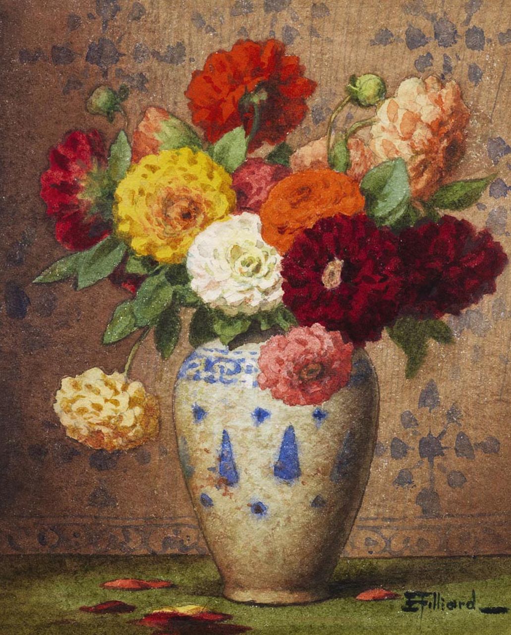 Filliard E.  | Ernest Filliard, Vase with dahlias, watercolour on paper 16.5 x 13.5 cm, signed l.r.