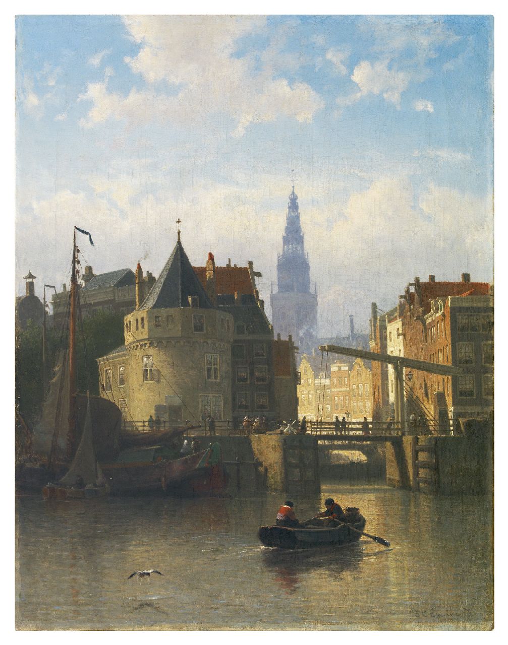 Greive J.C.  | Johan Conrad 'Coen' Greive, A view of Amsterdam, seen from the IJ, with the Schreierstower, oil on canvas 58.9 x 46.8 cm, signed l.r.