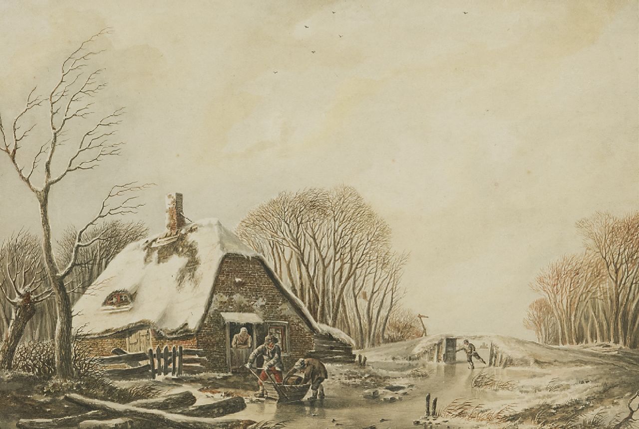 Schelfhout A.  | Andreas Schelfhout, Loading the pushing sledge, ink and watercolour on paper 19.5 x 27.8 cm, signed l.l. and painted ca. 1810-1815