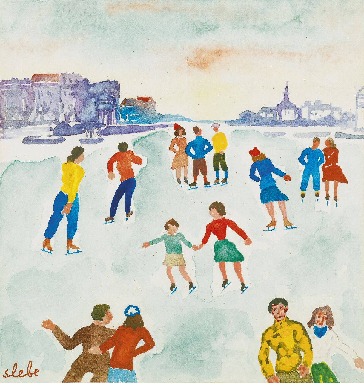 Slebe (Ferdinand Joseph Sleebe) F.  | Ferry Slebe (Ferdinand Joseph Sleebe), Figure-skating on the ice, watercolour on paper 22.5 x 22.4 cm, signed l.l.