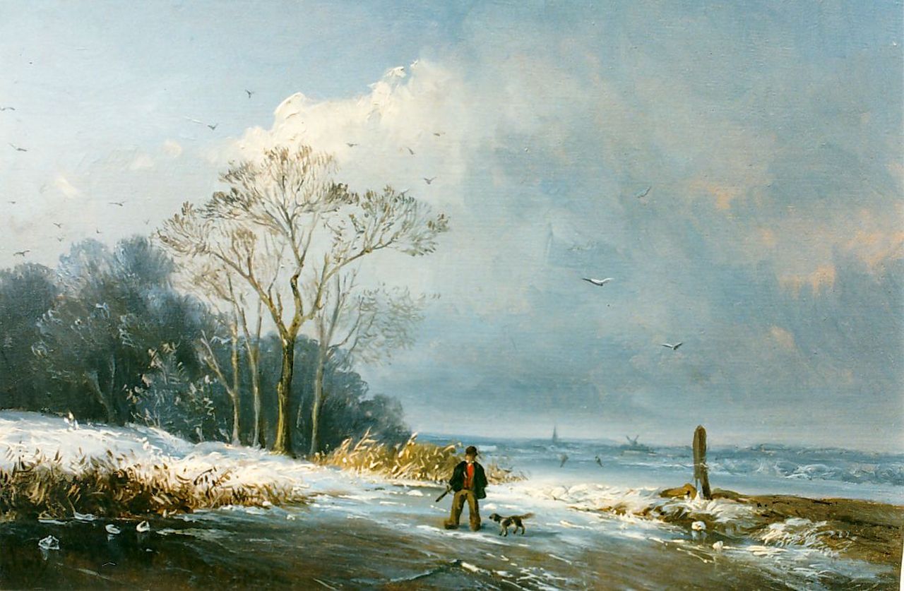 Mulder J.H.  | Jacobus Henricus Mulder, A hunter on a frozen river, oil on panel 17.1 x 23.6 cm