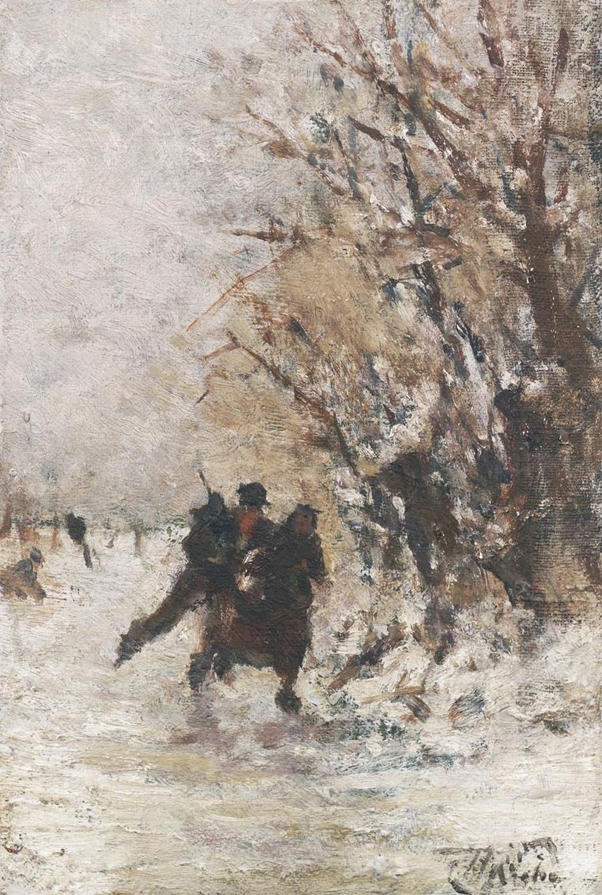Seben H. van | Henri van Seben, A couple skating in a winter landscape, oil on canvas laid down on panel 17.4 x 11.7 cm, signed l.r.