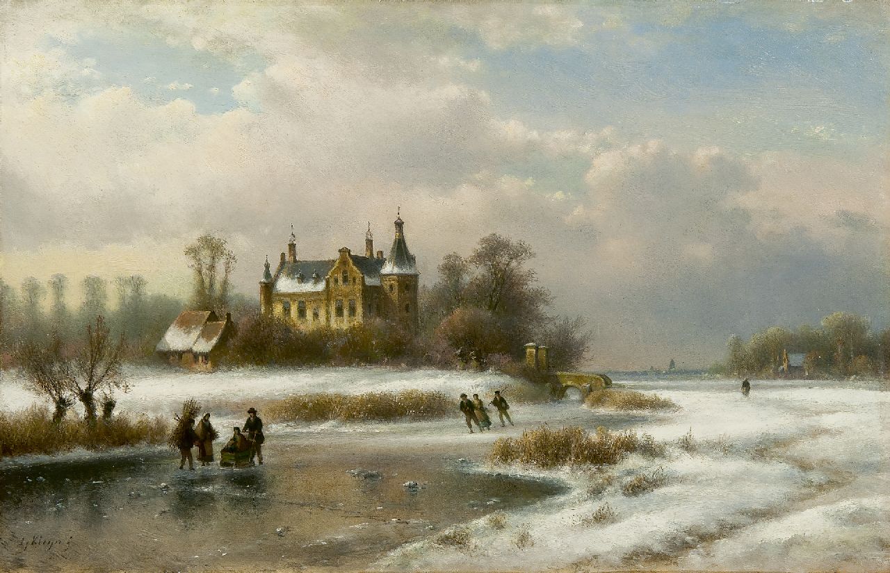 Kleijn L.J.  | Lodewijk Johannes Kleijn, A frozen waterway with skaters by a castle, oil on panel 33.5 x 52.1 cm, signed l.l.