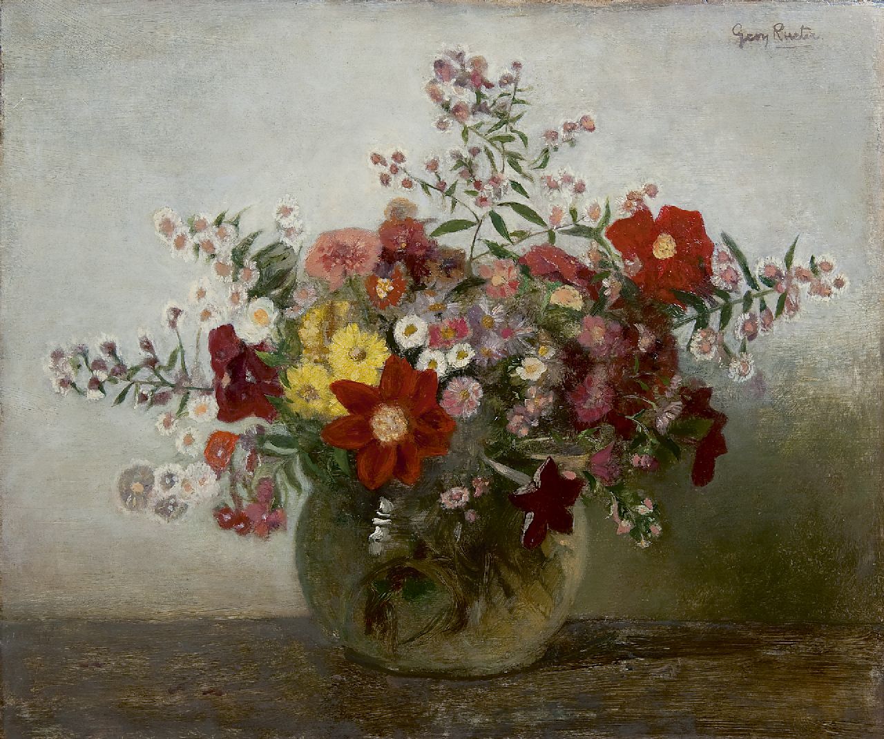 Rueter W.C.G.  | Wilhelm Christian 'Georg' Rueter, Flowers in a glass vase, oil on panel 43.8 x 51.2 cm, signed u.r.